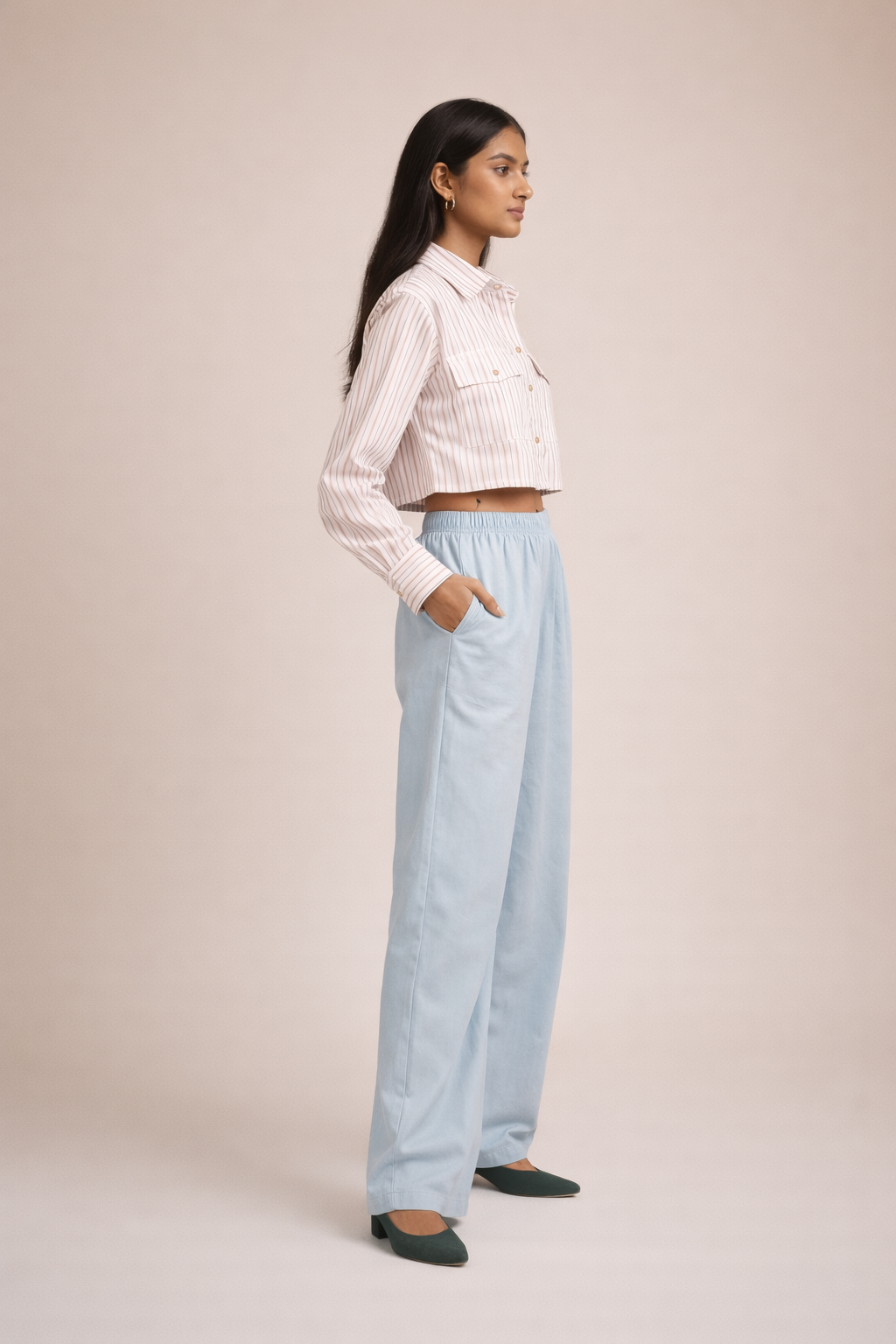 Luxury Raymond Cotton Vertical Stripe Crop Shirt D44