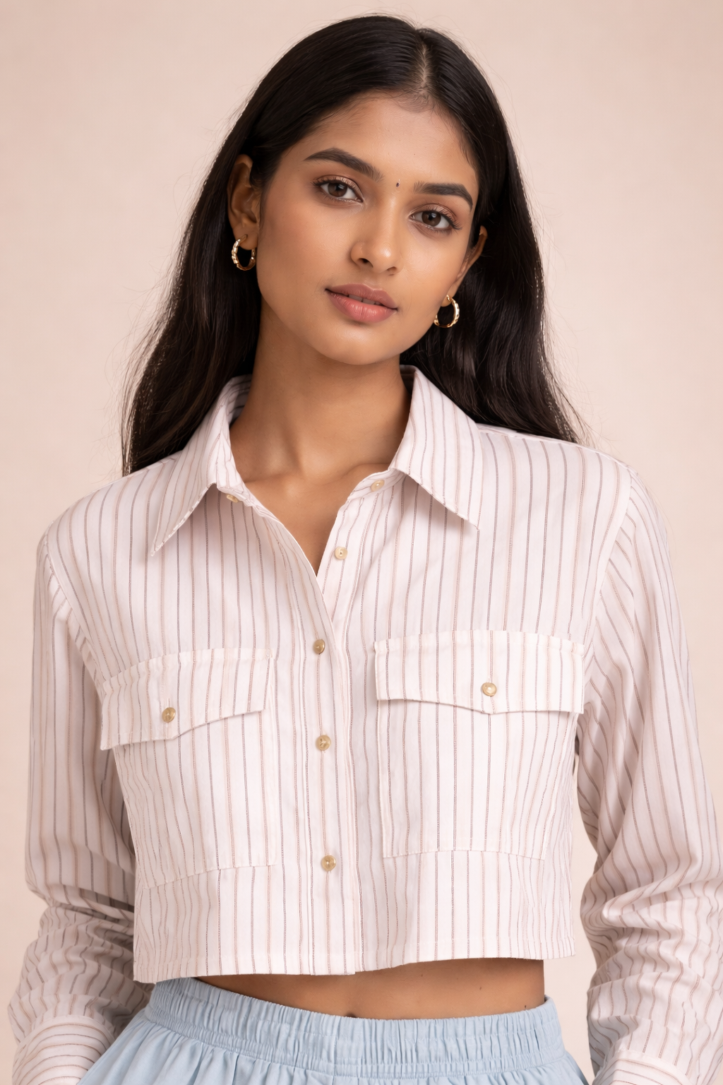 Luxury Raymond Cotton Vertical Stripe Crop Shirt D44