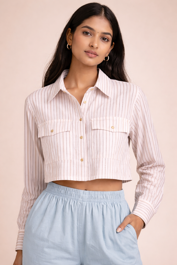 Luxury Raymond Cotton Vertical Stripe Crop Shirt D44