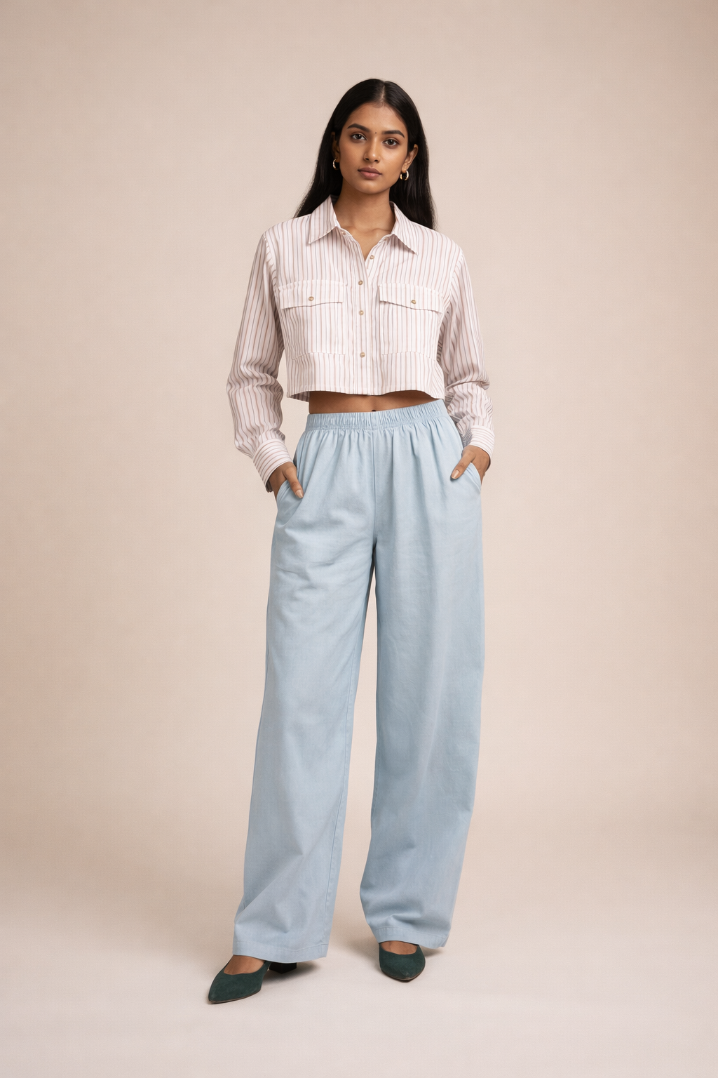 Luxury Raymond Cotton Vertical Stripe Crop Shirt D44