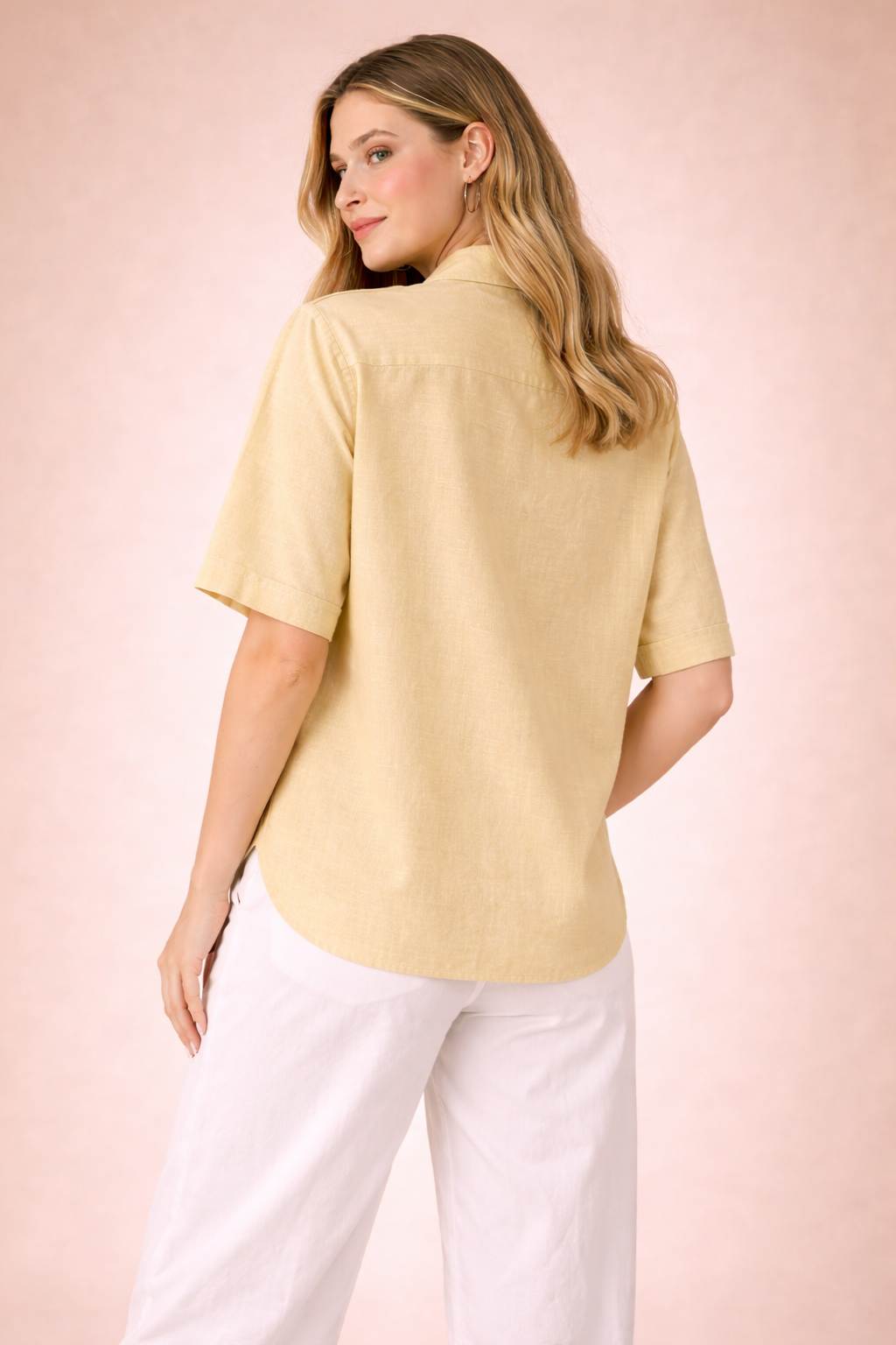 Luxury Vertical Silk Soft Pastel Yellow Designer Shirt Top D41