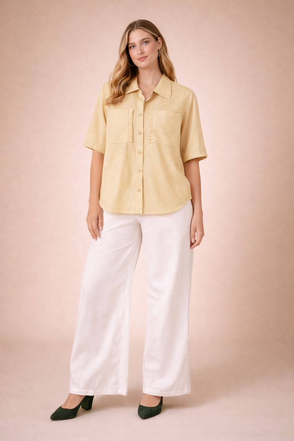 Luxury Vertical Silk Soft Pastel Yellow Designer Shirt Top D41
