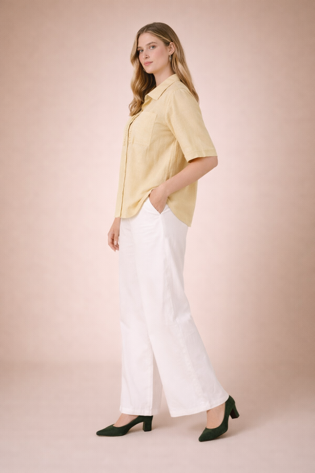 Luxury Vertical Silk Soft Pastel Yellow Designer Shirt Top D41