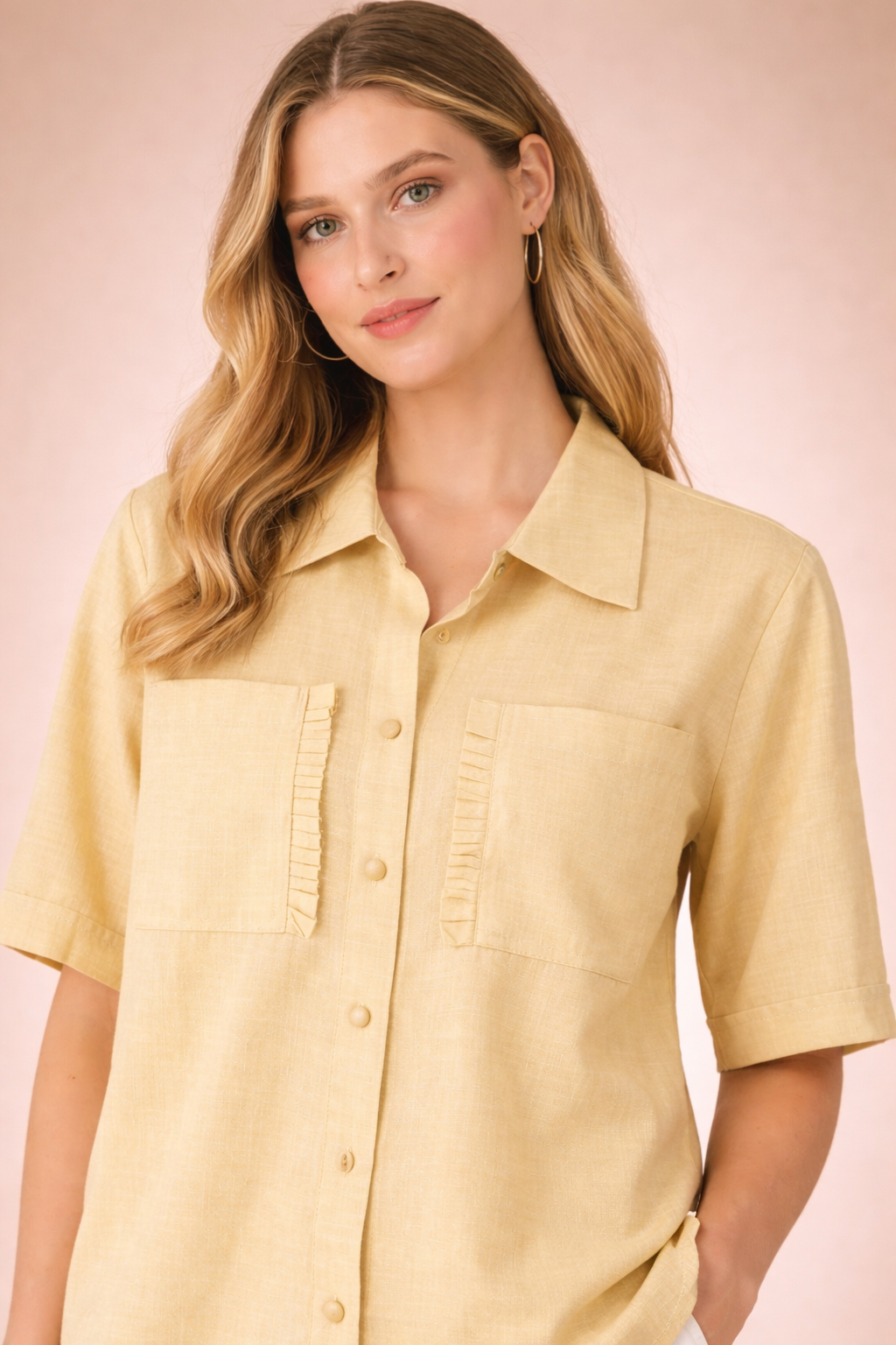 Luxury Vertical Silk Soft Pastel Yellow Designer Shirt Top D41