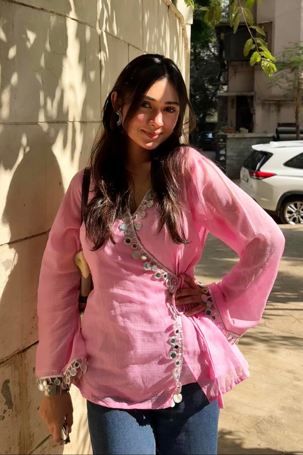 Pink Kota Check Kurti Style Top for Women with Decorative Mirror Border D80