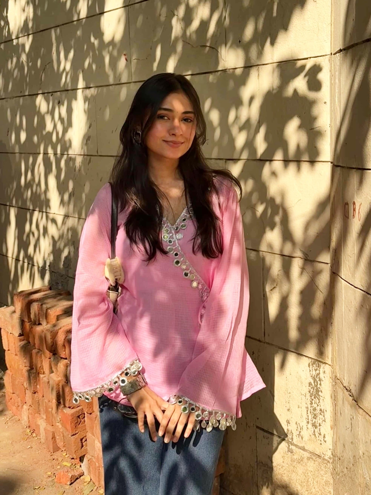 Pink Kota Check Kurti Style Top for Women with Decorative Mirror Border D80