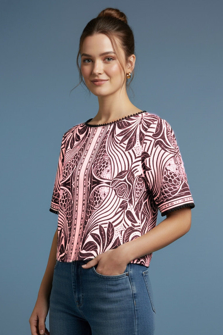 Premium Pink Top with Artistic Botanical Pattern D4