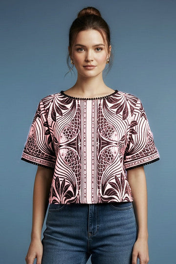Premium Pink Top with Artistic Botanical Pattern D4