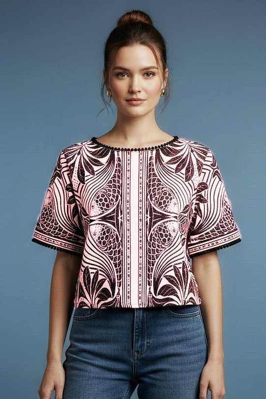 Premium Pink Top with Artistic Botanical Pattern D4