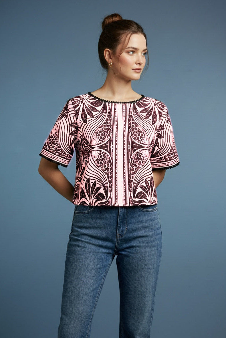 Premium Pink Top with Artistic Botanical Pattern D4