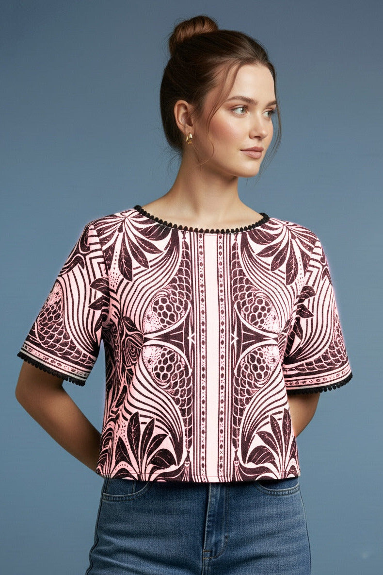 Premium Pink Top with Artistic Botanical Pattern D4