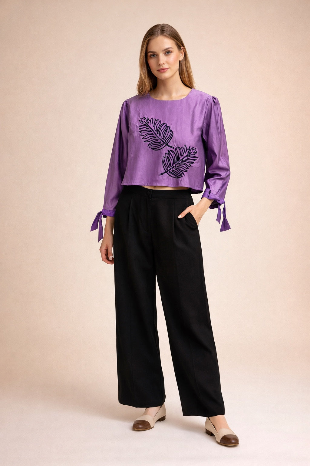 Purple Embroidered Crop Top with Leaf Motif Design D13