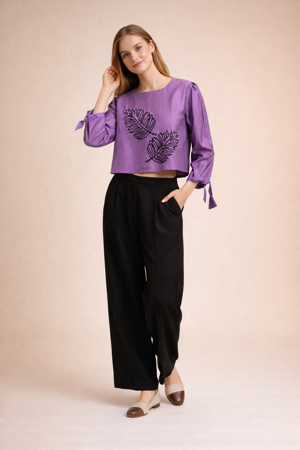 Purple Embroidered Crop Top with Leaf Motif Design D13