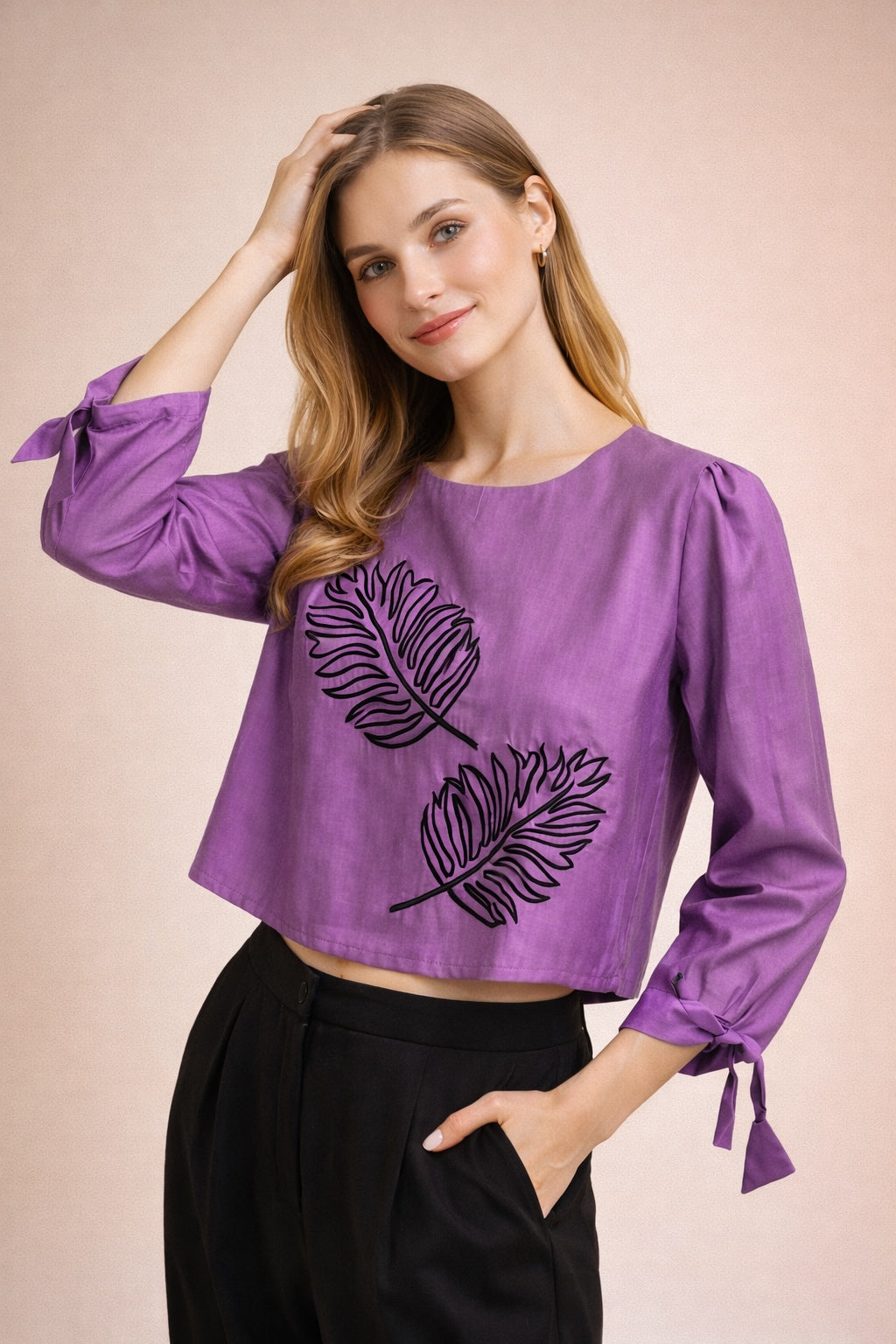 Purple Embroidered Crop Top with Leaf Motif Design D13