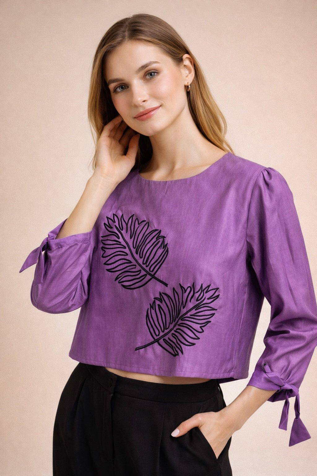 Purple Embroidered Crop Top with Leaf Motif Design D13