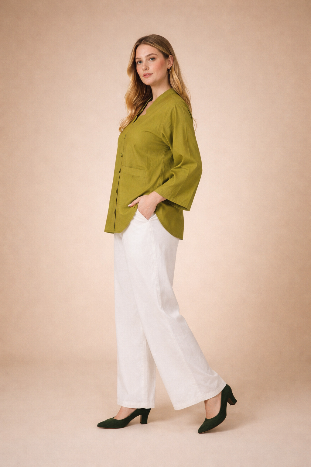 Refined Olive Green Vertical Silk Top Shirt for Women | Premium Office & Casual D42