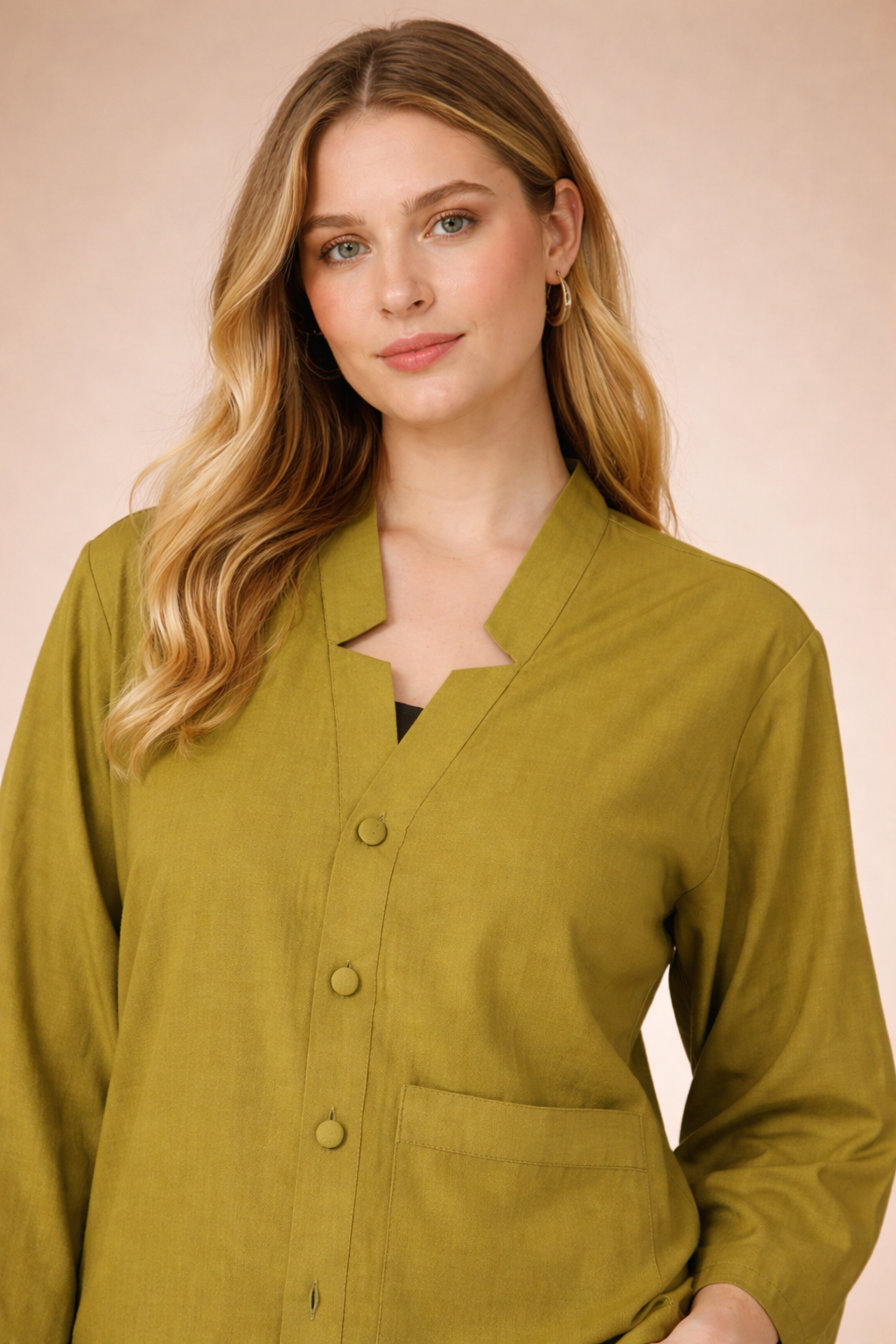 Refined Olive Green Vertical Silk Top Shirt for Women | Premium Office & Casual D42