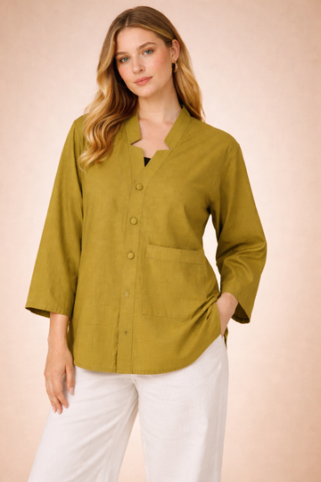 Refined Olive Green Vertical Silk Top Shirt for Women | Premium Office & Casual D42