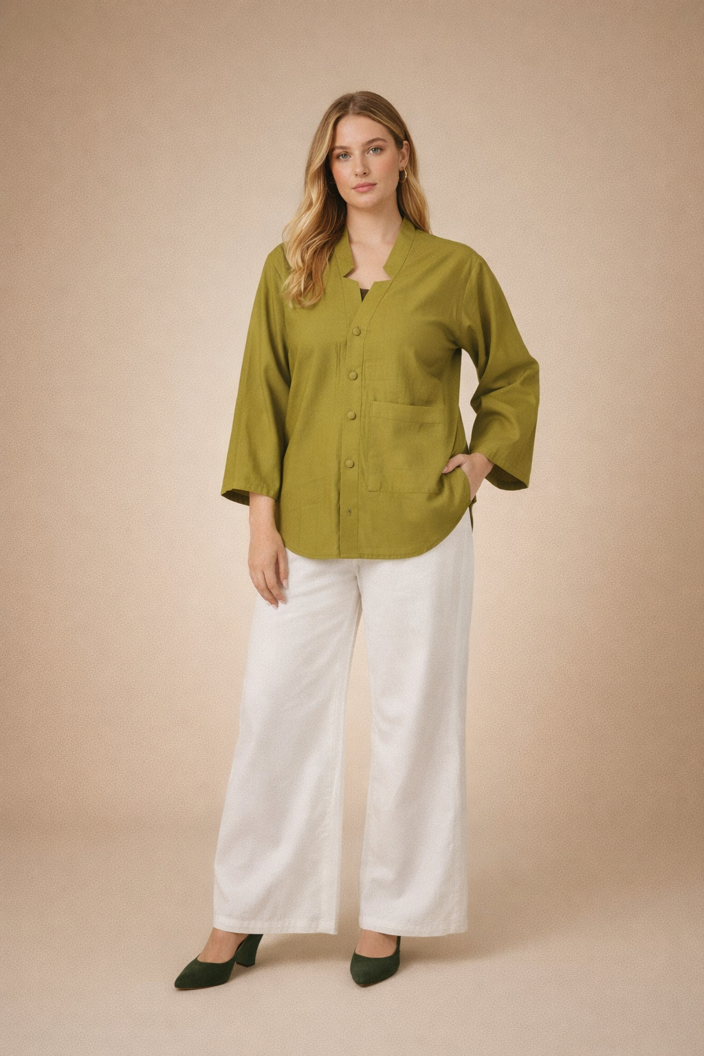 Refined Olive Green Vertical Silk Top Shirt for Women | Premium Office & Casual D42
