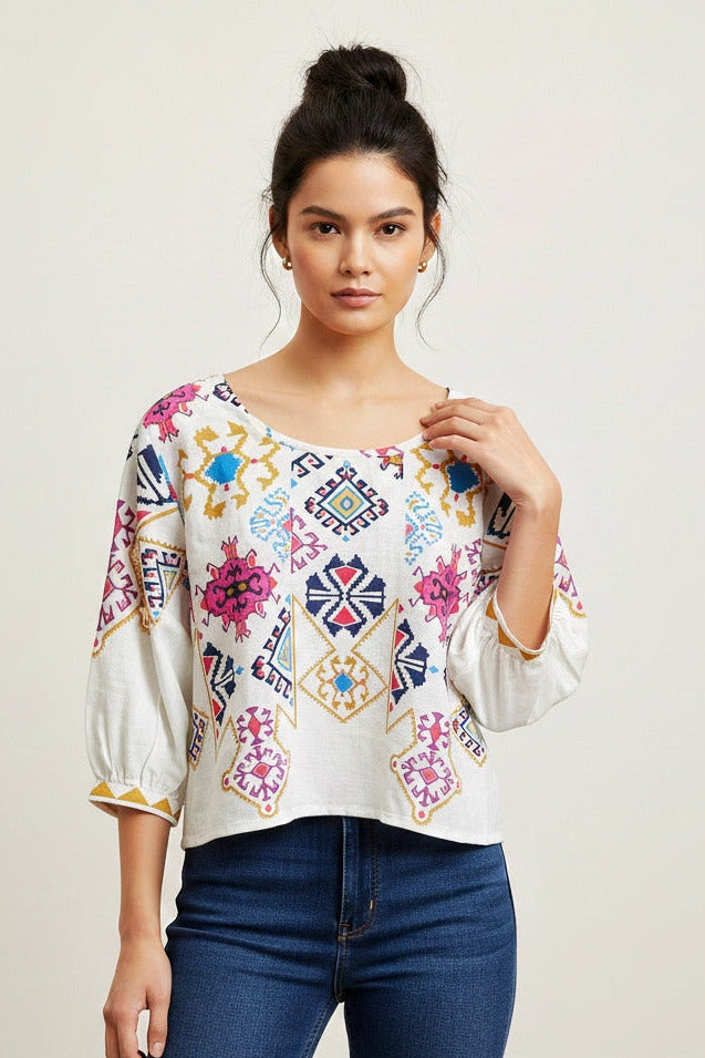 Sophisticated Cotton Top with Modern Folk Detailing D3