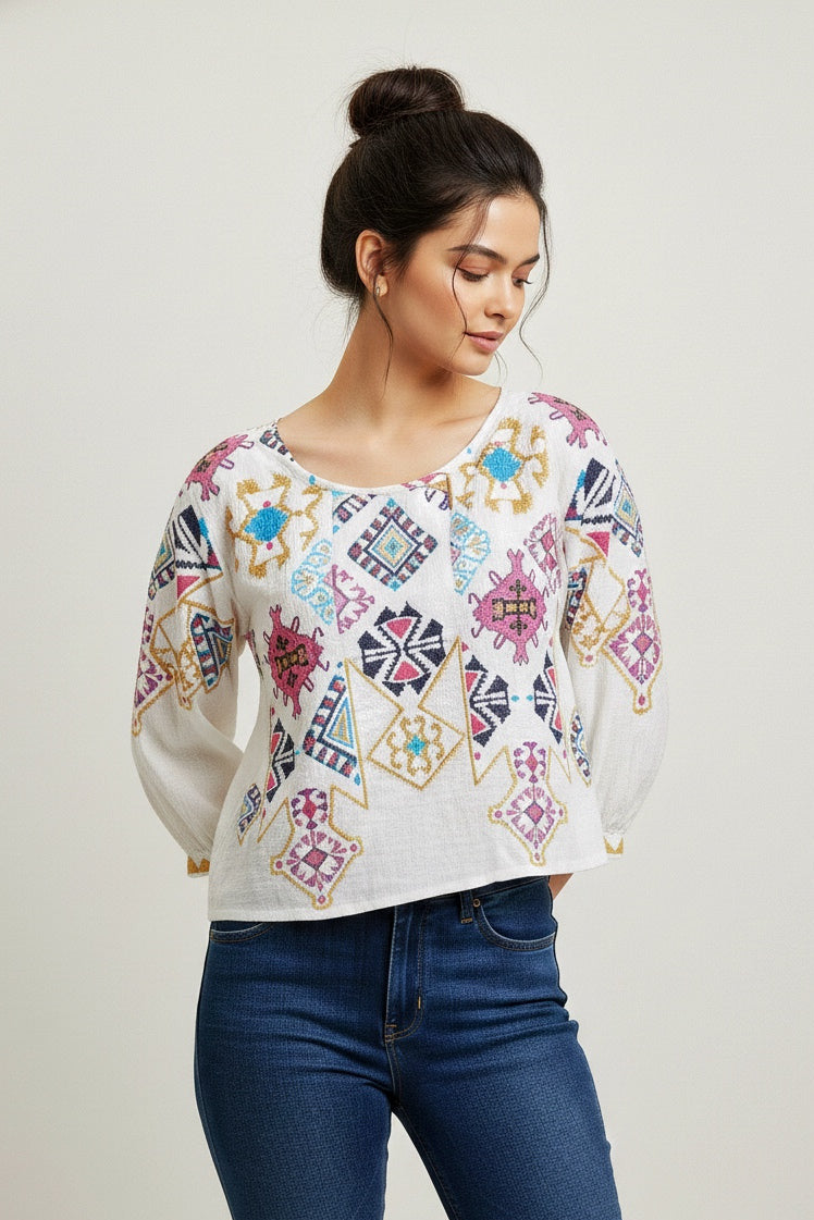 Sophisticated Cotton Top with Modern Folk Detailing D3