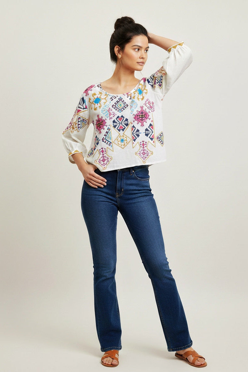 Sophisticated Cotton Top with Modern Folk Detailing D3