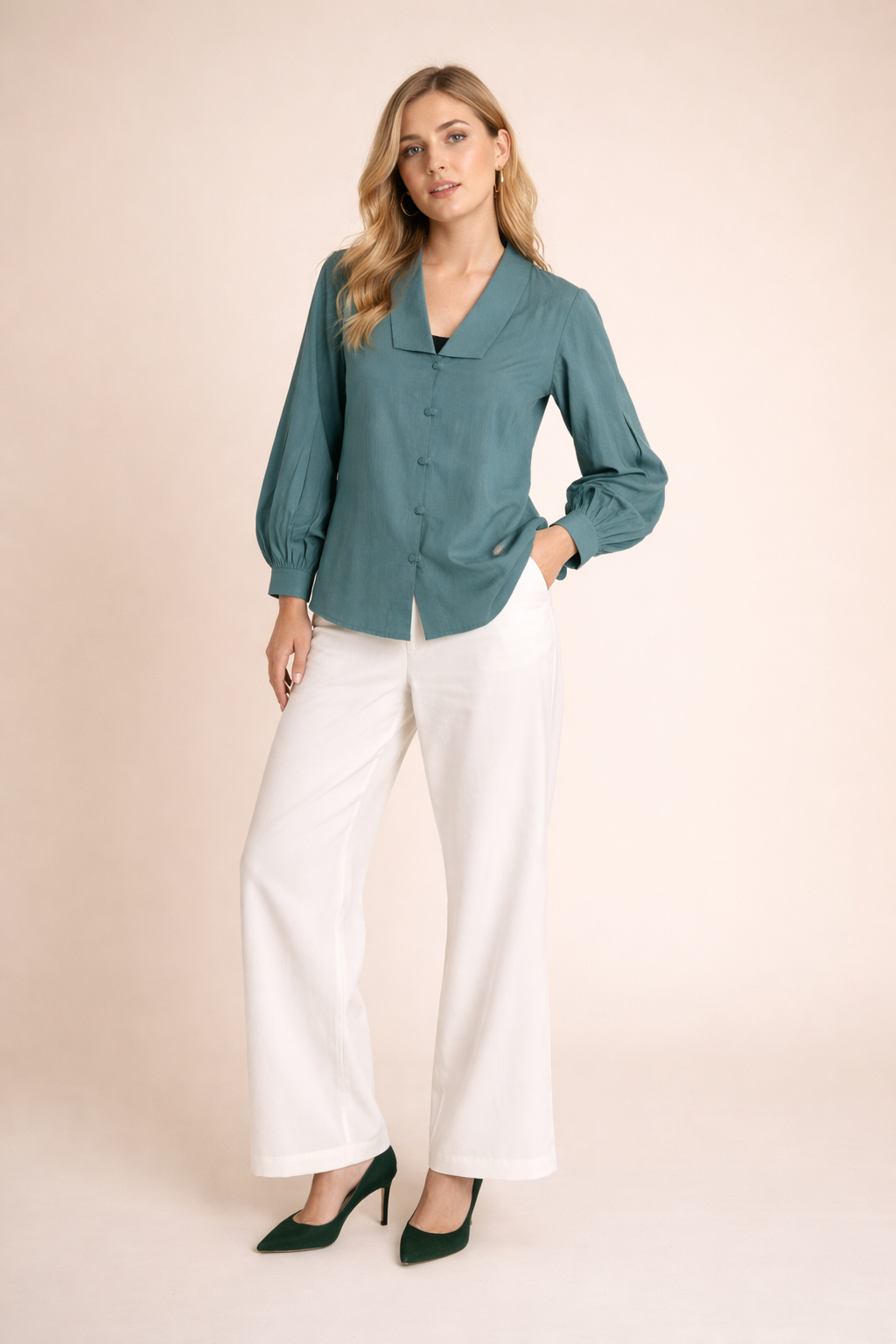 Teal Green Solid Shirt Top with Puff Sleeves for Women D34