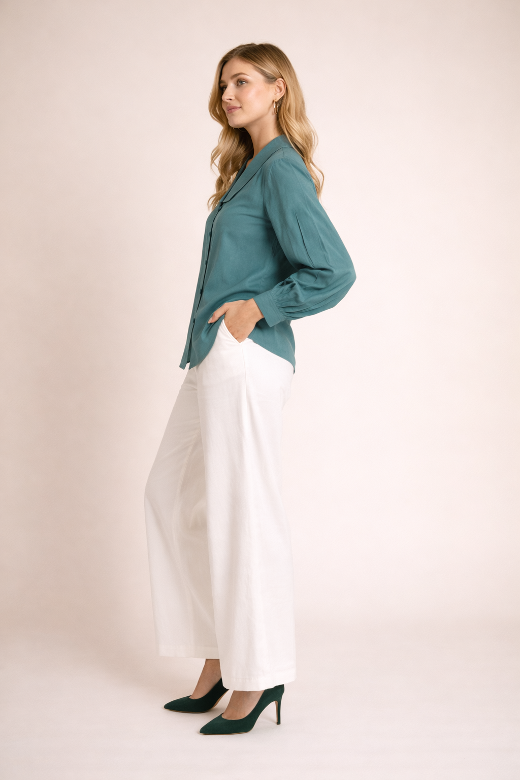 Teal Green Solid Shirt Top with Puff Sleeves for Women D34