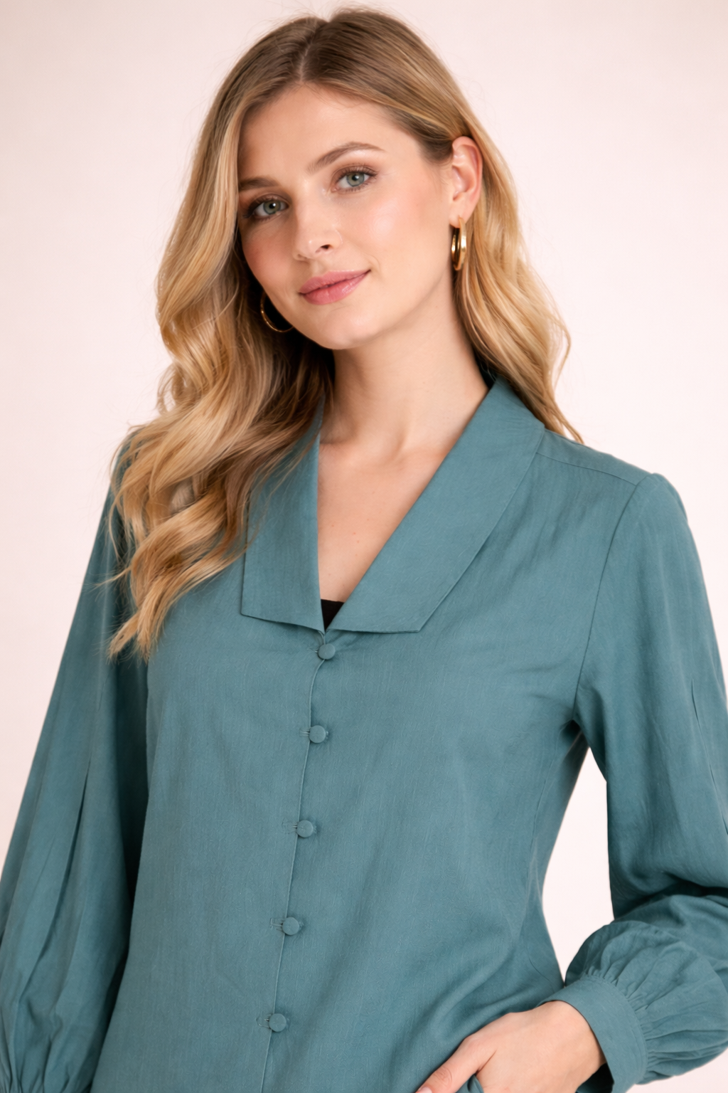Teal Green Solid Shirt Top with Puff Sleeves for Women D34
