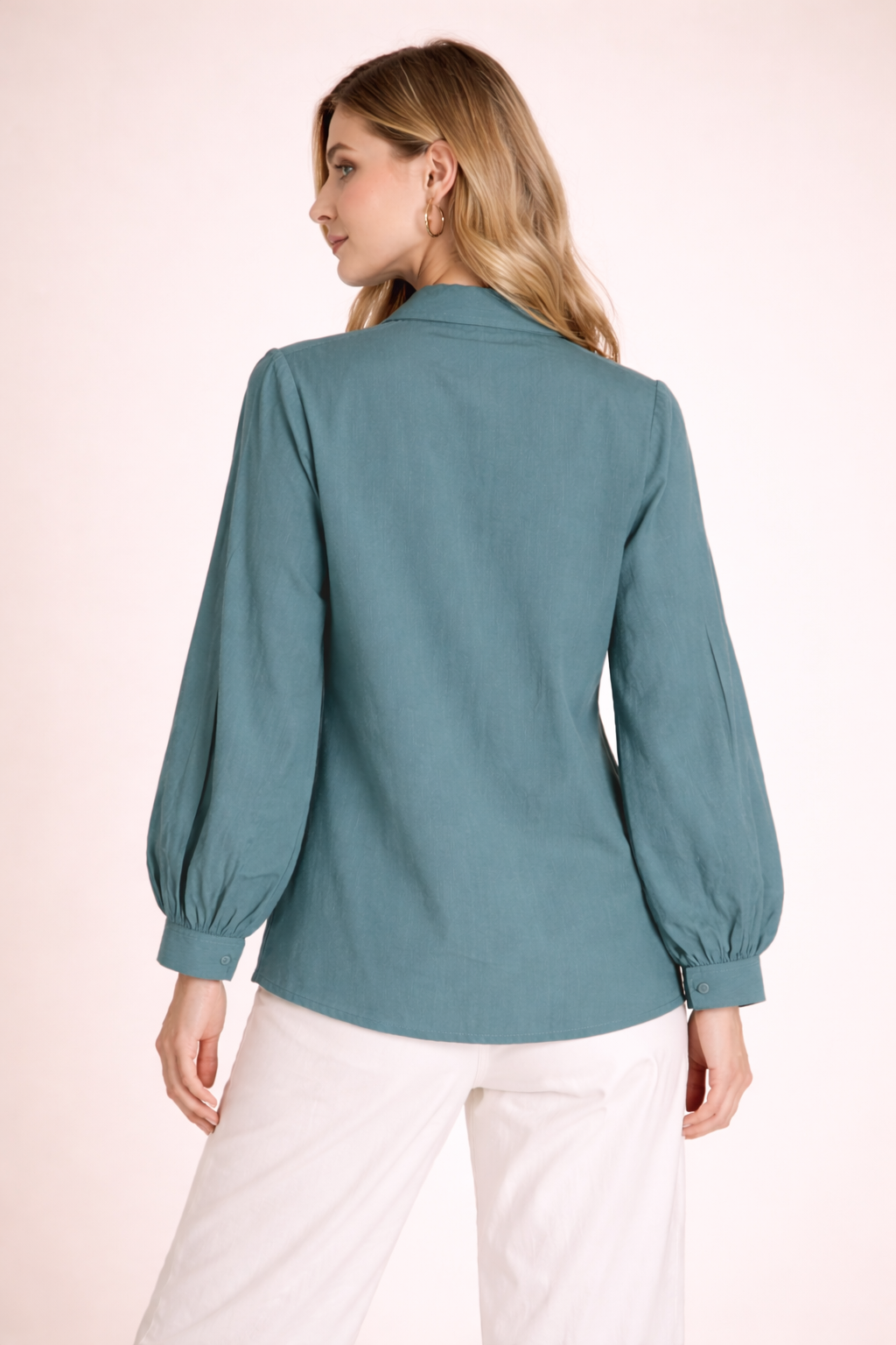 Teal Green Solid Shirt Top with Puff Sleeves for Women D34