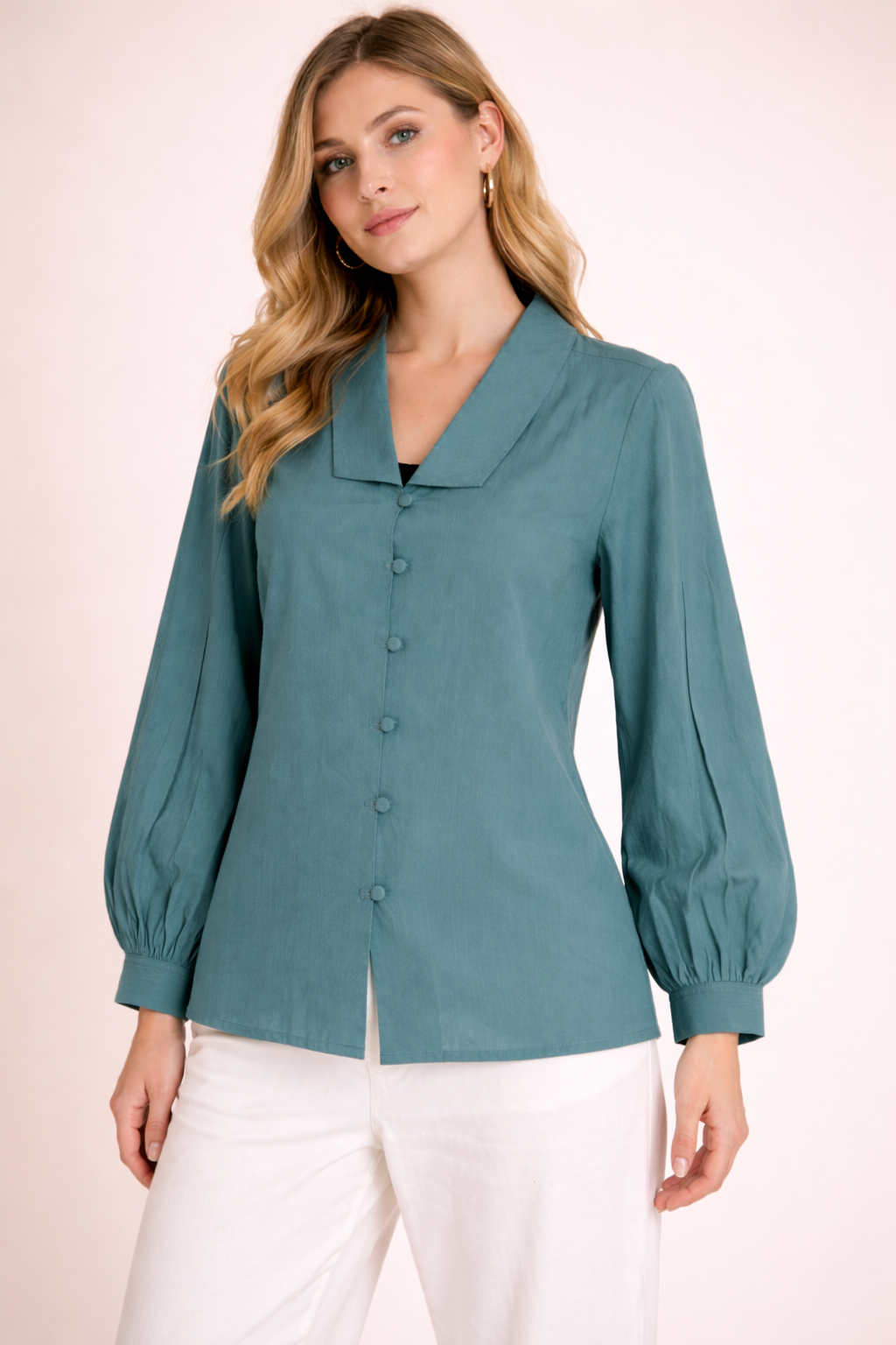 Teal Green Solid Shirt Top with Puff Sleeves for Women D34