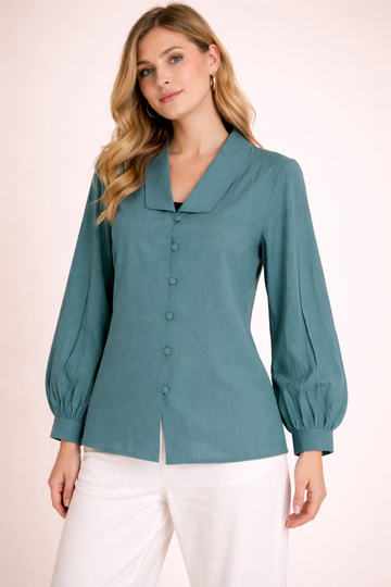 Teal Green Solid Shirt Top with Puff Sleeves for Women D34