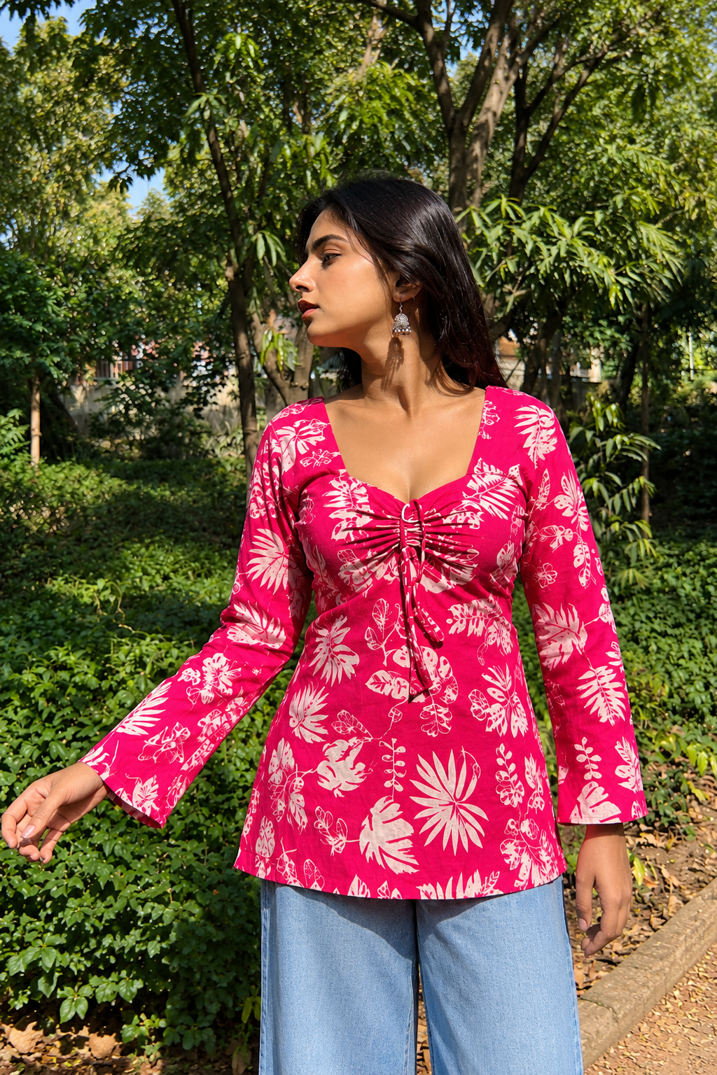 TOPSAA Women's Pink Floral Rayon Top with Full Sleeves D98