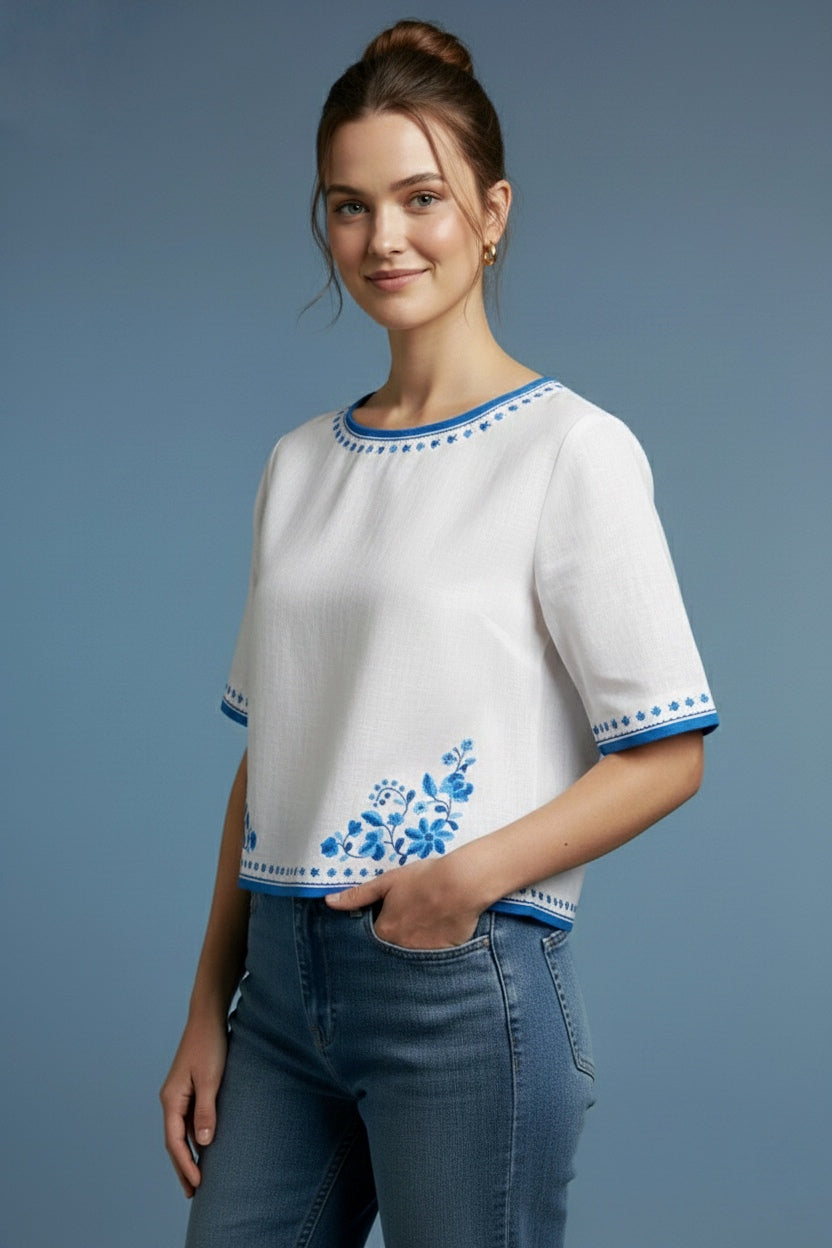 White Fancy Cotton Top with Blue Floral Border Print D2
