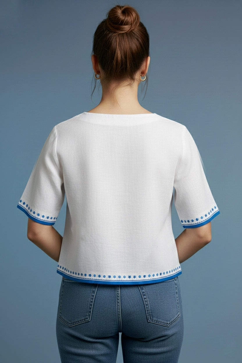 White Fancy Cotton Top with Blue Floral Border Print D2