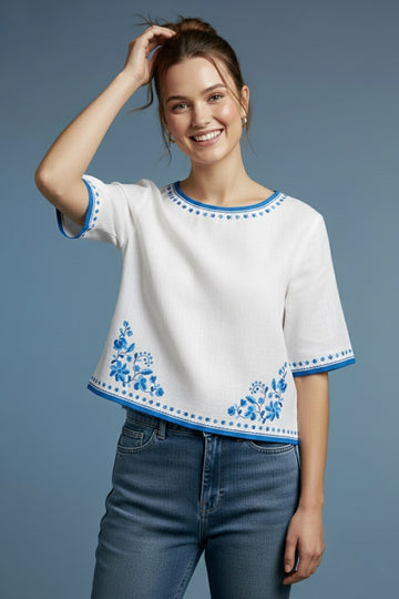 White Fancy Cotton Top with Blue Floral Border Print D2