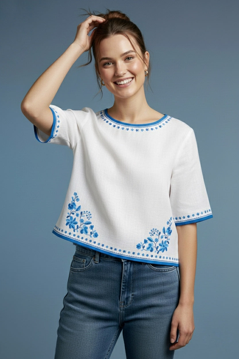 White Fancy Cotton Top with Blue Floral Border Print D2