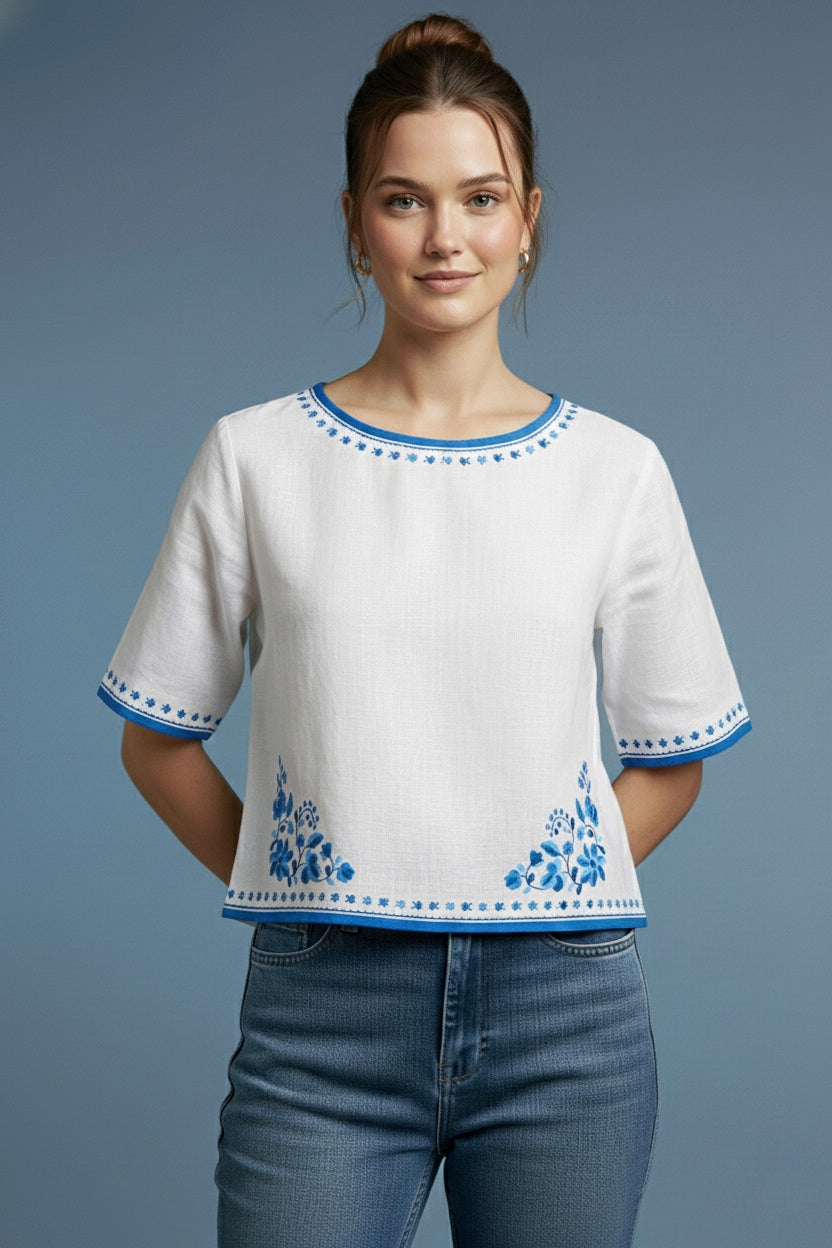 White Fancy Cotton Top with Blue Floral Border Print D2