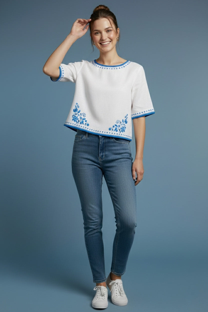 White Fancy Cotton Top with Blue Floral Border Print D2