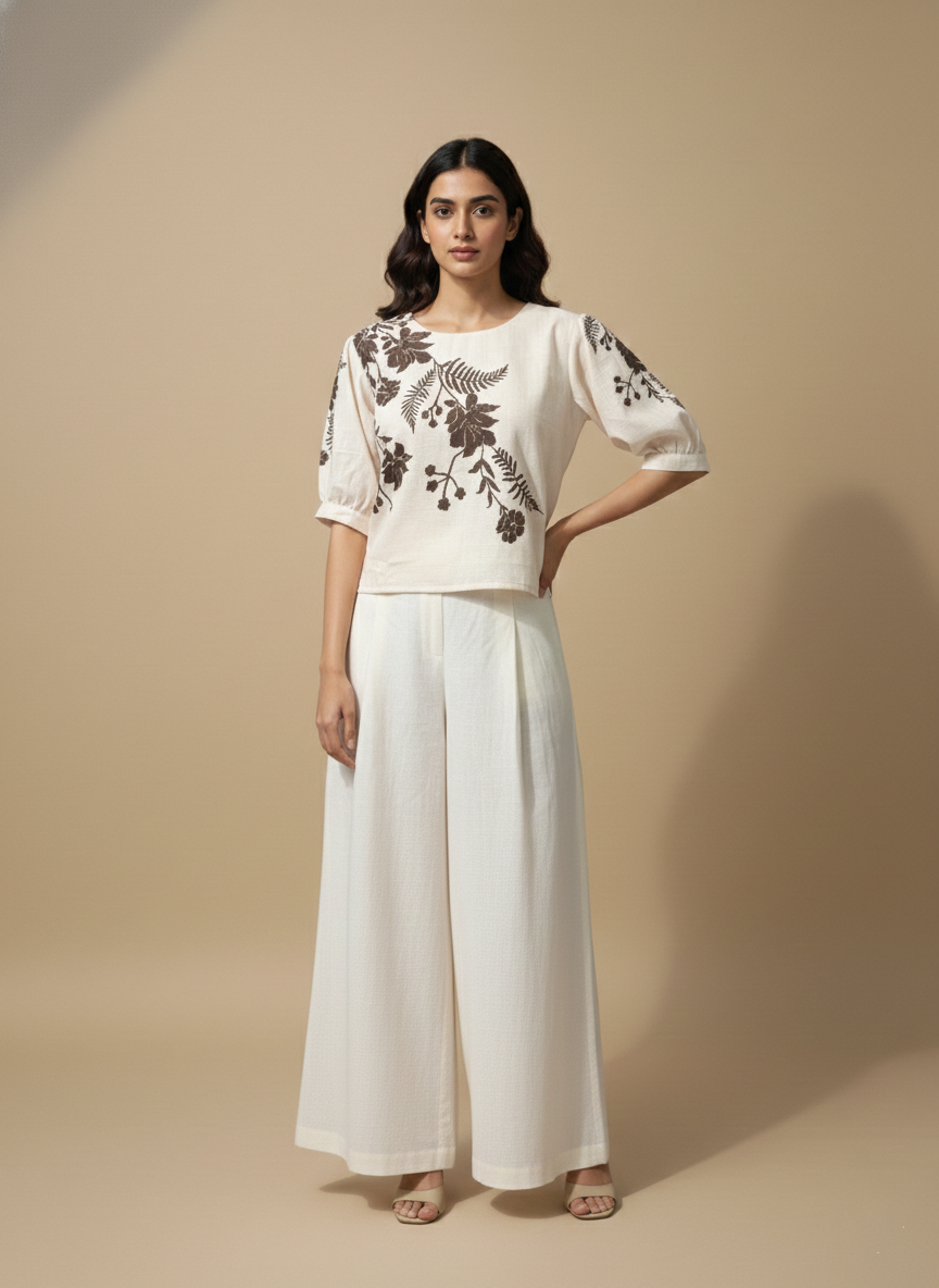 Women Cream Floral Printed Round Neck Casual Top D53
