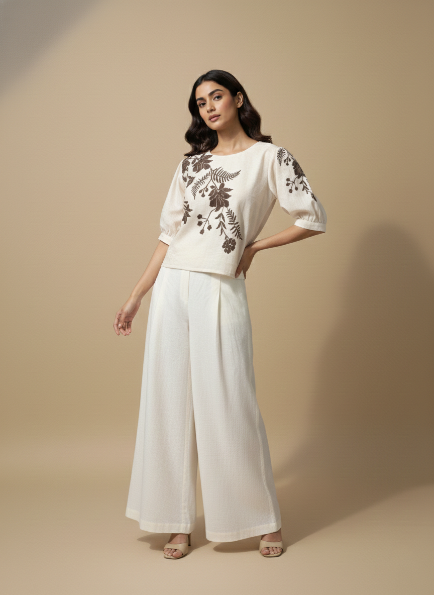 Women Cream Floral Printed Round Neck Casual Top D53