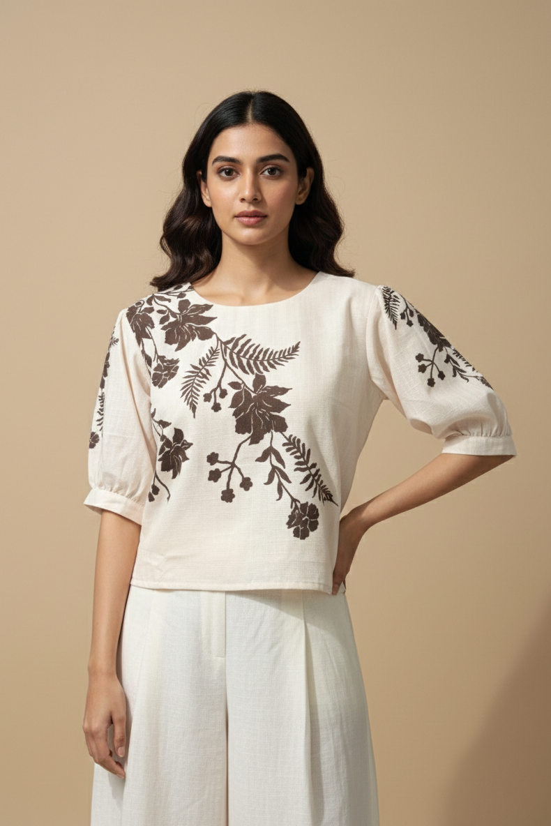 Women Cream Floral Printed Round Neck Casual Top D53