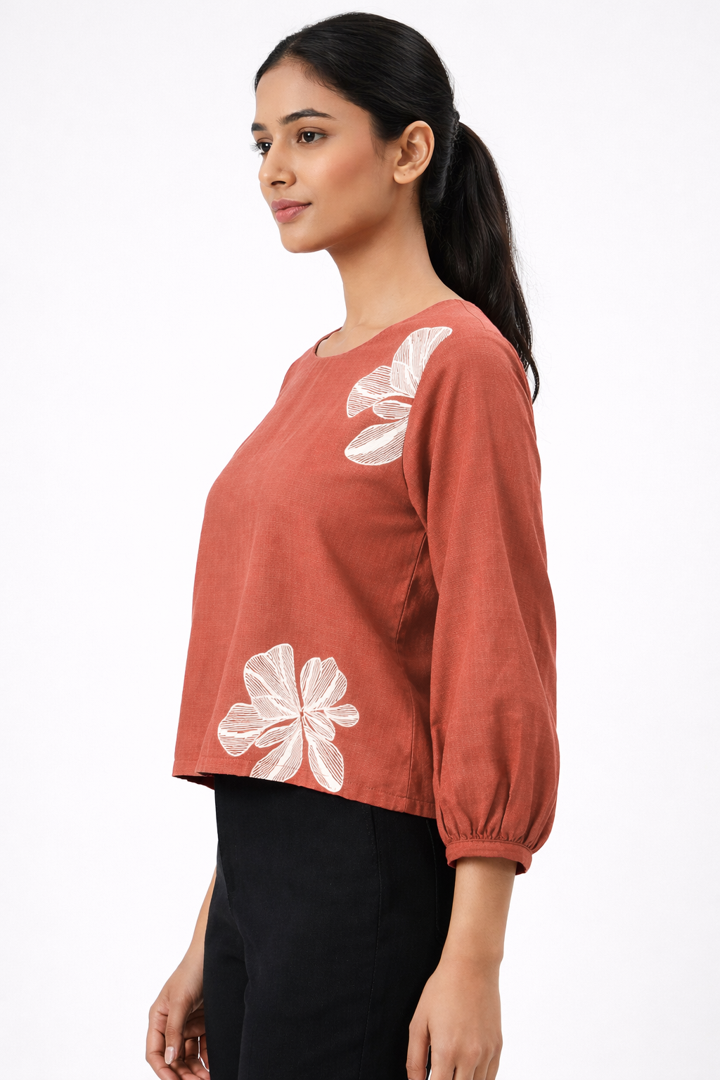 Women Rust Floral Printed Casual Top with Round Neck D51