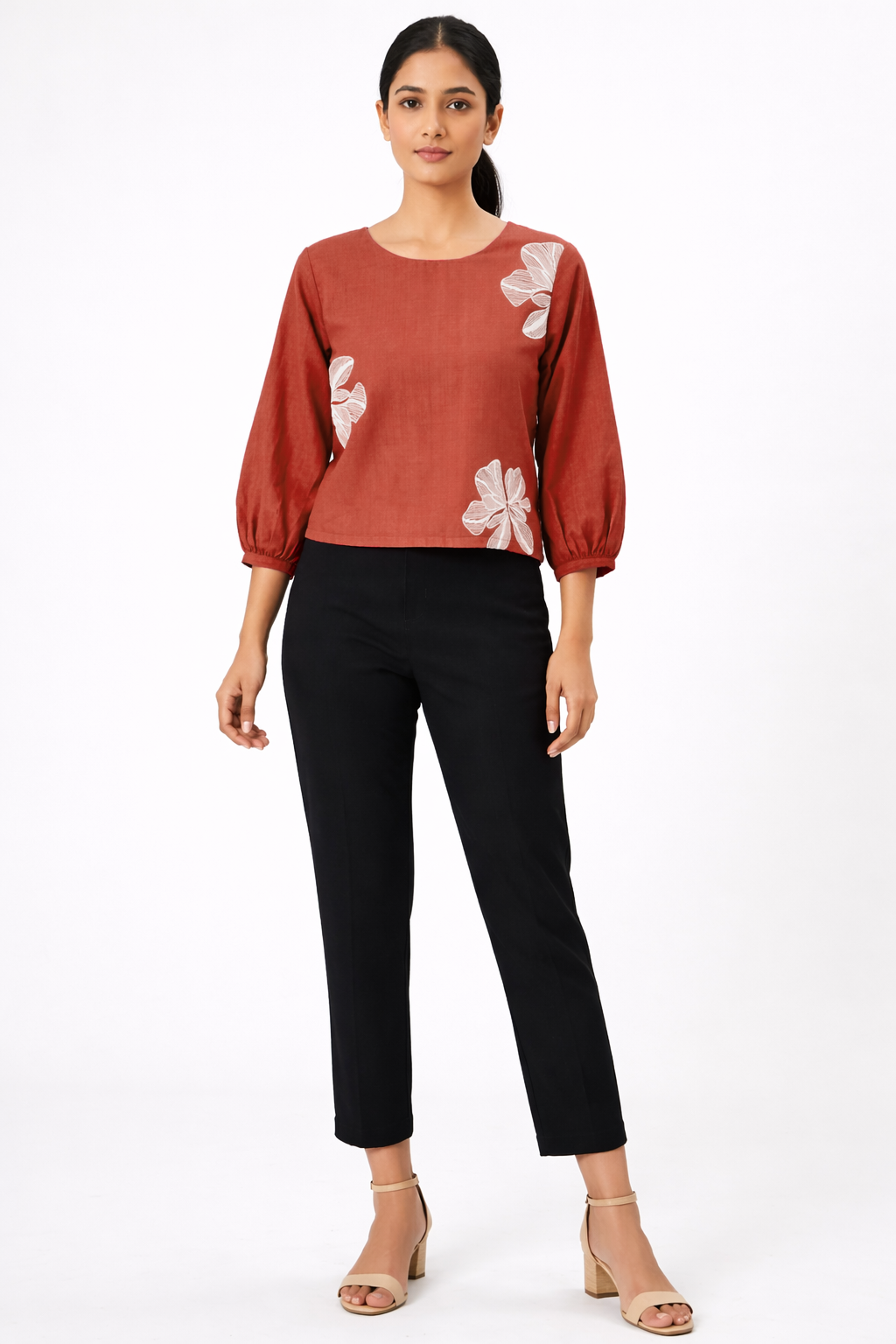 Women Rust Floral Printed Casual Top with Round Neck D51