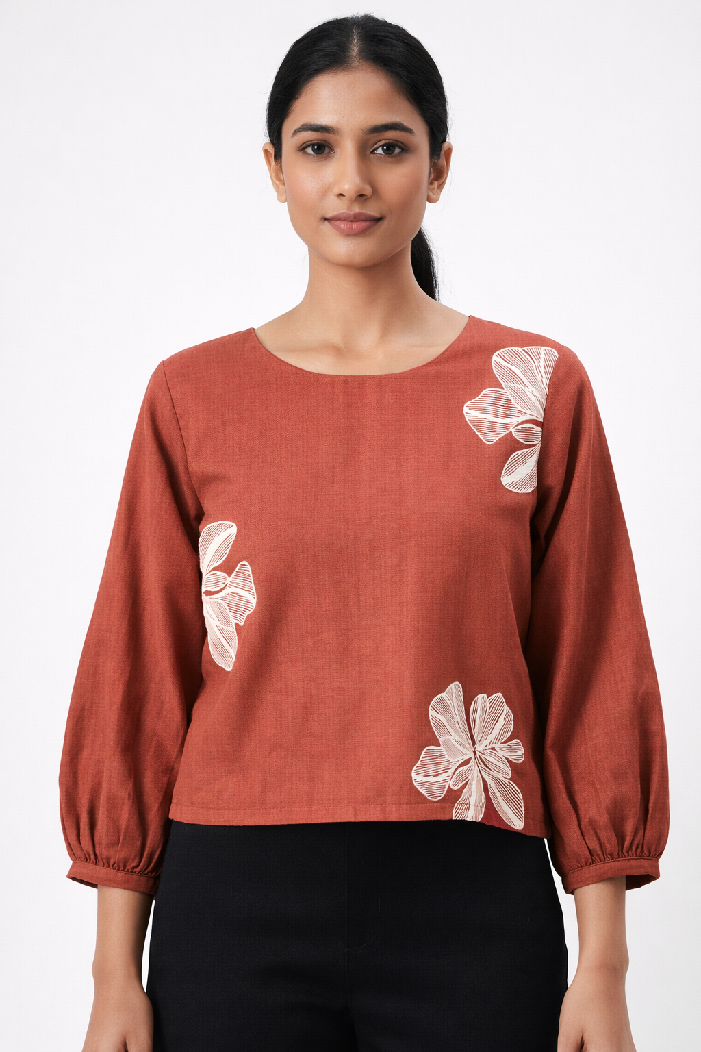 Women Rust Floral Printed Casual Top with Round Neck D51