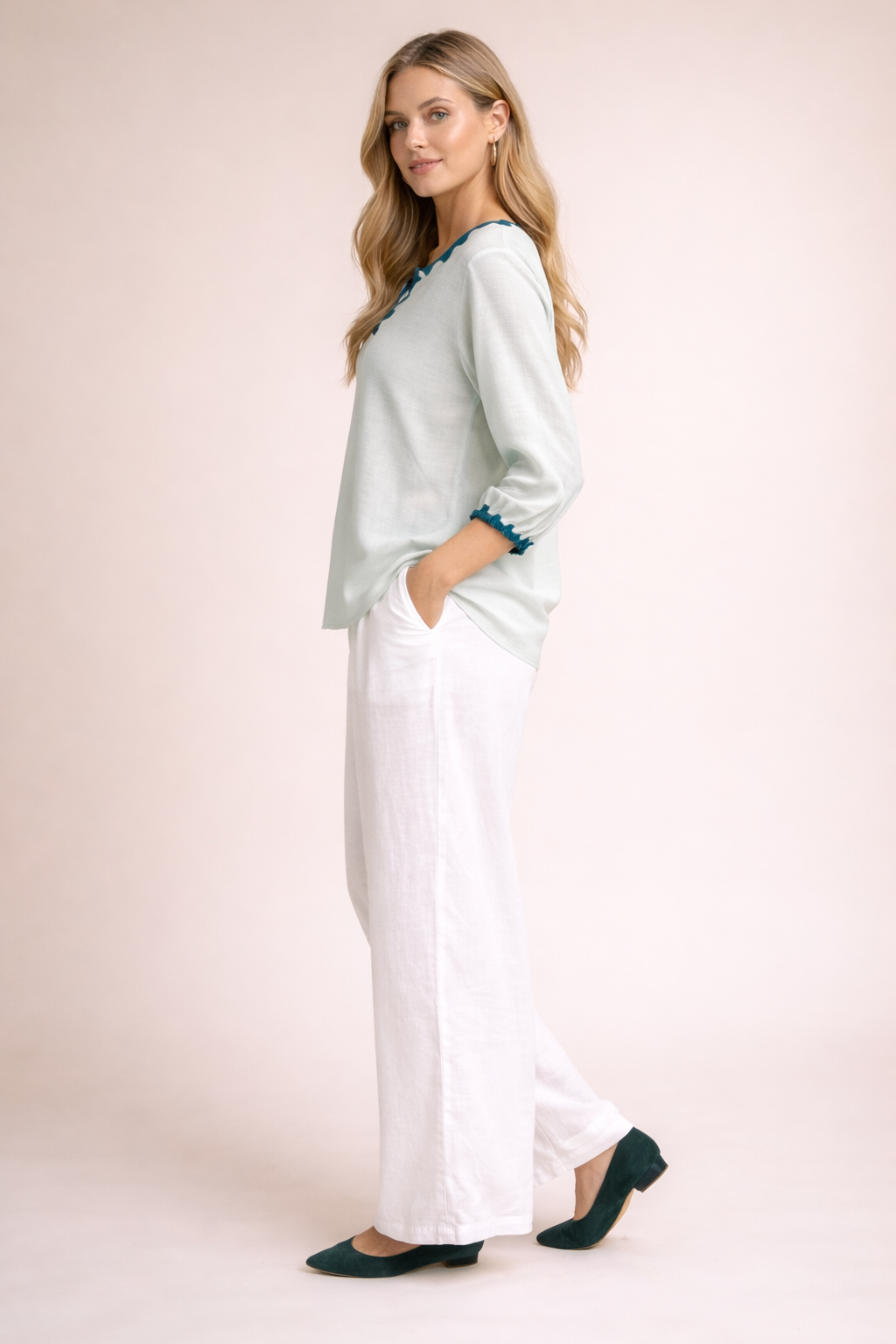 Elegant Mint Floral Mandarin Neck Chic Everyday Top D52