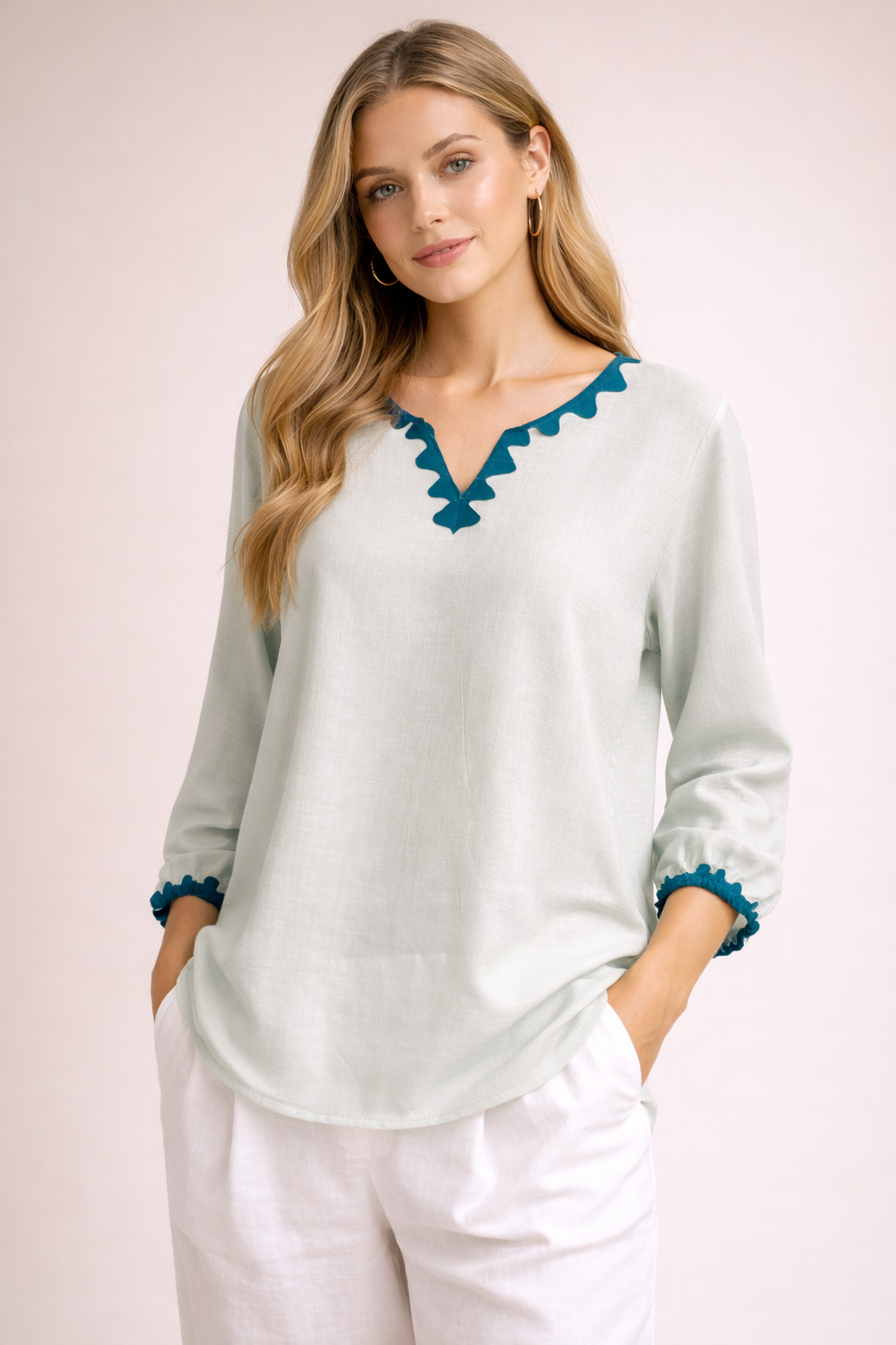 Elegant Mint Floral Mandarin Neck Chic Everyday Top D52