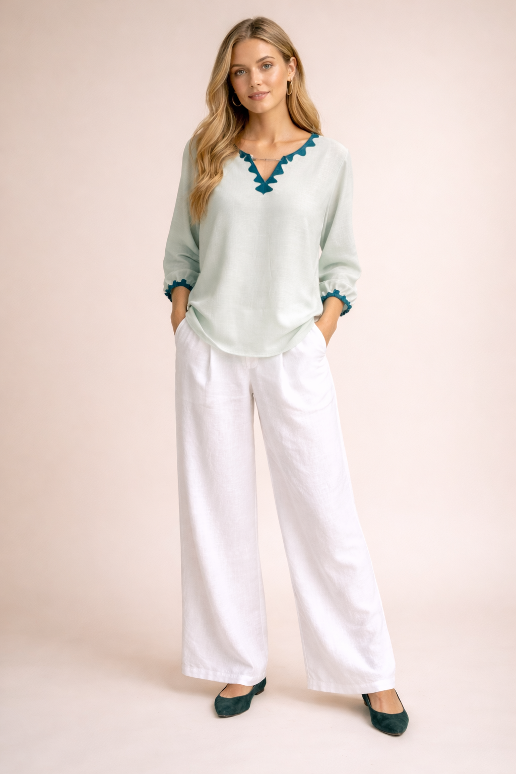 Elegant Mint Floral Mandarin Neck Chic Everyday Top D52