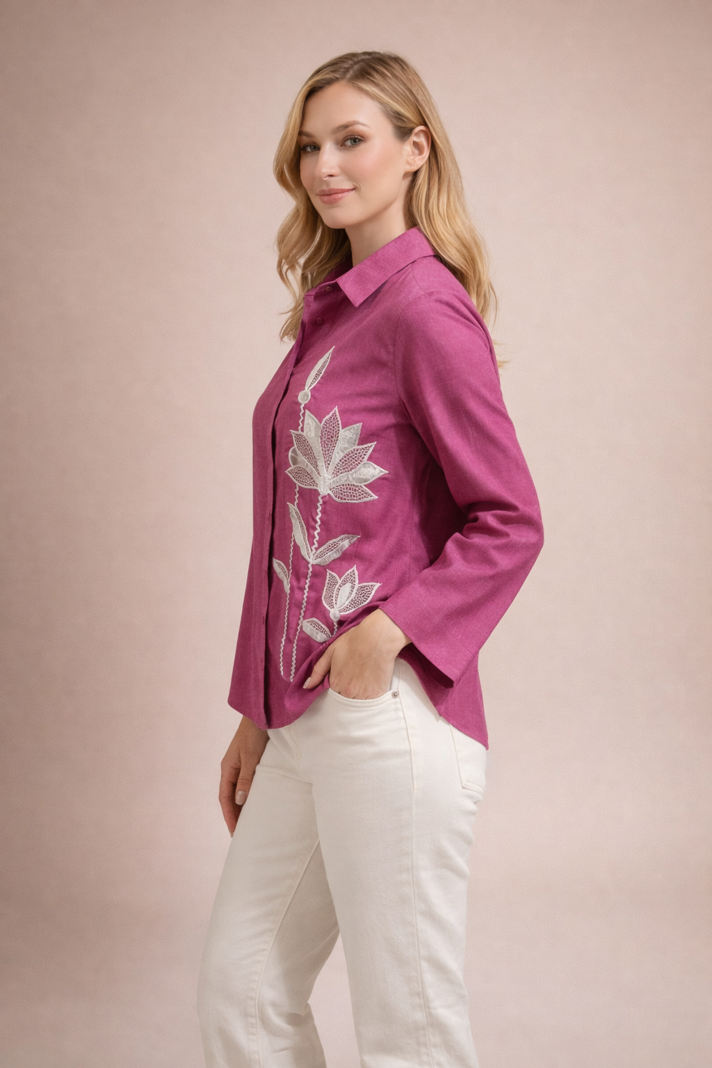 Women’s Luxe Floral Embroidered Vertical Silk Shirt D29
