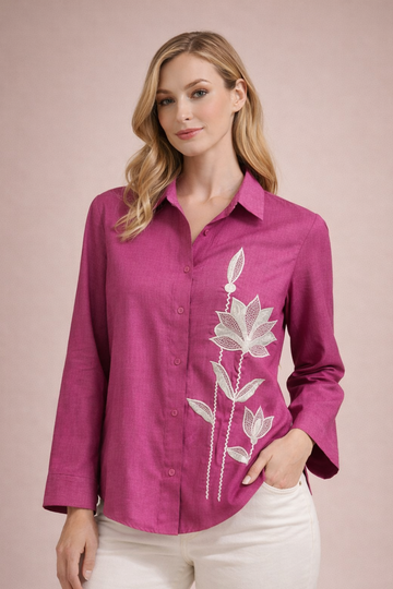 Women’s Luxe Floral Embroidered Vertical Silk Shirt D29